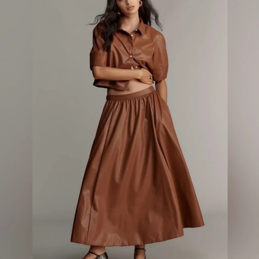 Anthropologie Maeve Full Maxi Skirt Brown Faux Leather Cognac Autumn wedding xs